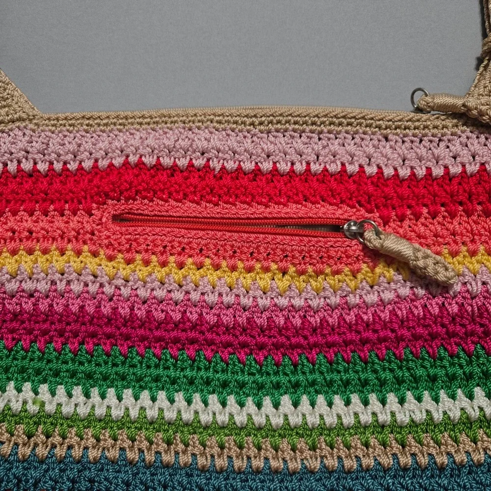 The Sak Crochet Shoulder Bag Multicolor Rainbow Striped Purse Zips Knit